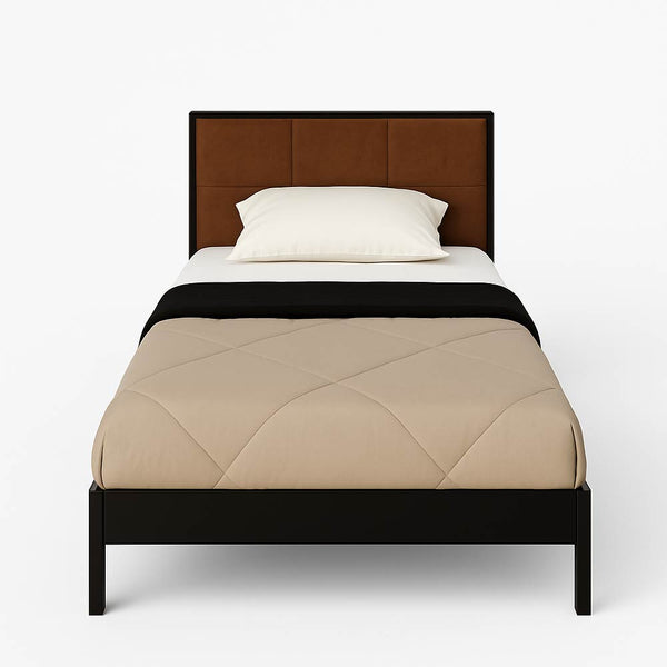 Clara Bed with brown headboard and beige bedding. 