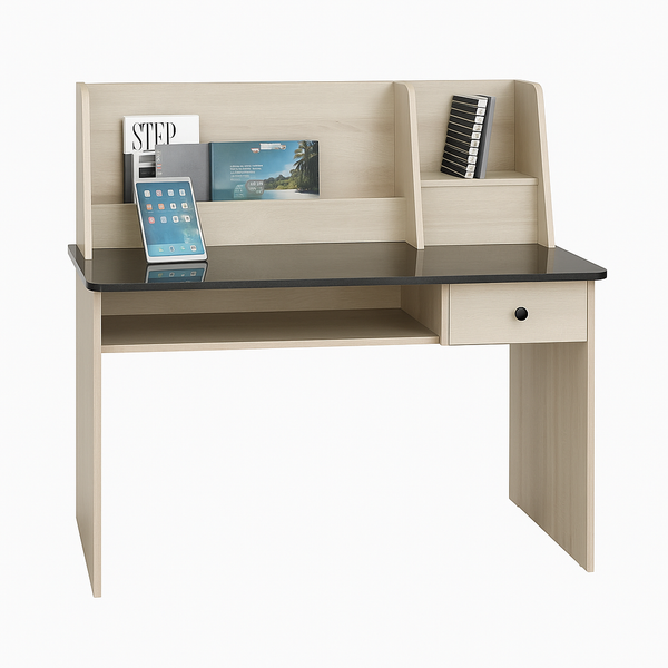 Tember Wooden desk with a black top.
