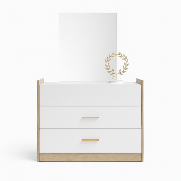 White Curve dresser with wooden accents and gold handles.
