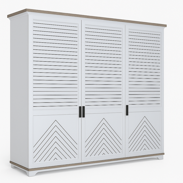 Whity White Storage Wardrobe with shutter doors and geometric patterns.