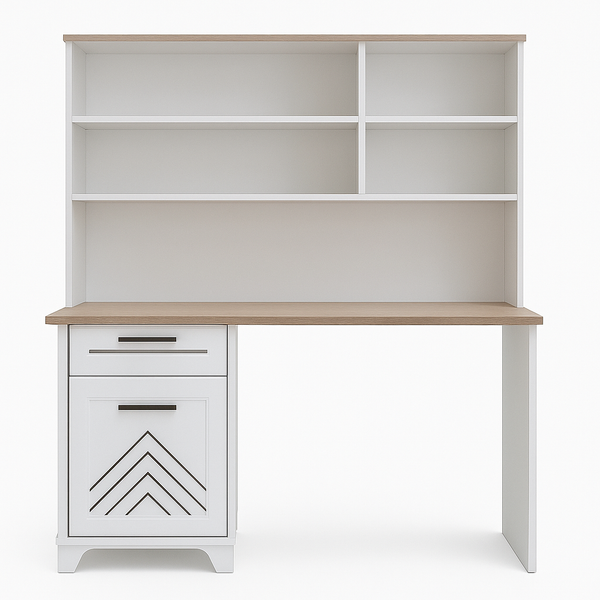 Whity White desk with wooden top and bookshelves.
