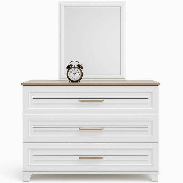 Whity White dresser with wooden top and gold handles.
