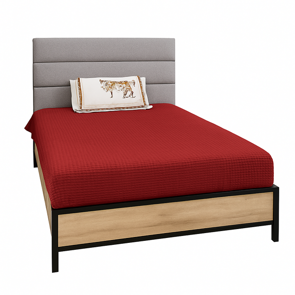 Lego Bed with red bedding and gray headboard 

