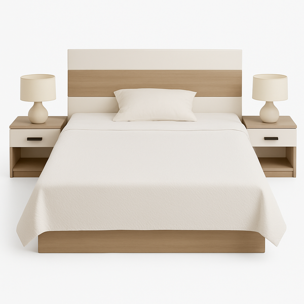 Tamara Beige bed with matching nightstands and lamps on a white background 