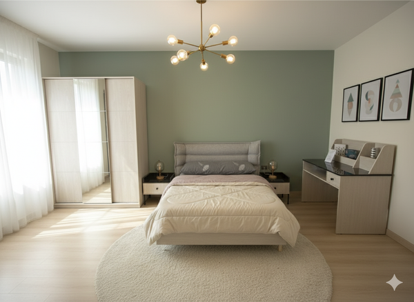 Tember Modern bedroom with a bed, desk, and wardrobe.