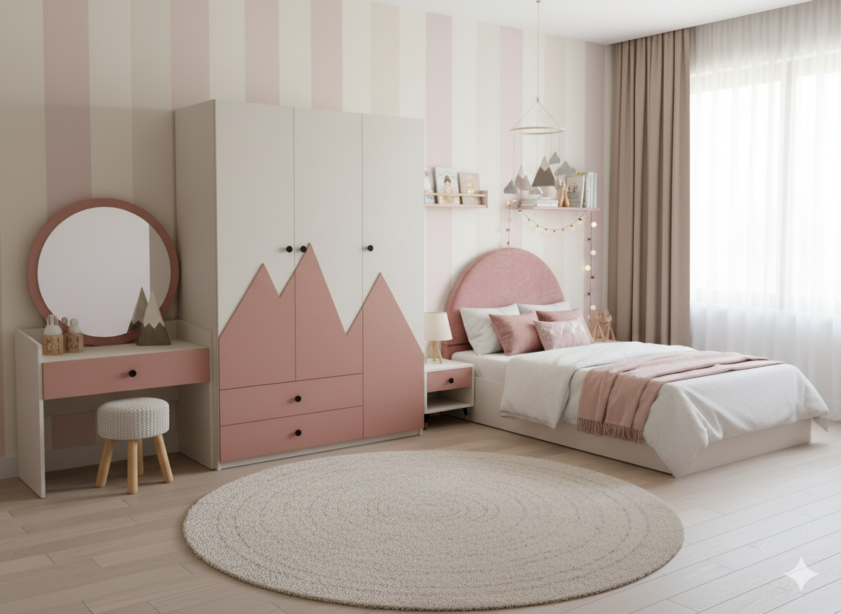 Modern Caia kids' bedroom with pink and white furniture.

