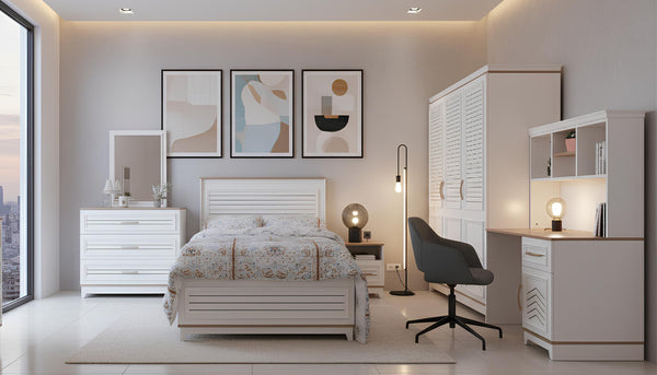 Whity Classic bedroom with white furniture, including a bed, dresser, and desk.
