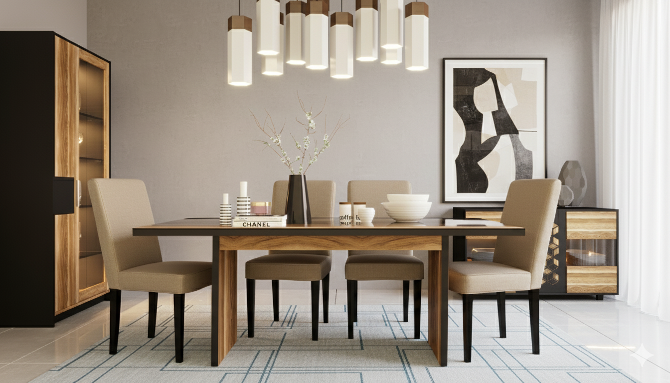 Modern Arrows dining room with wooden table, and chairs
