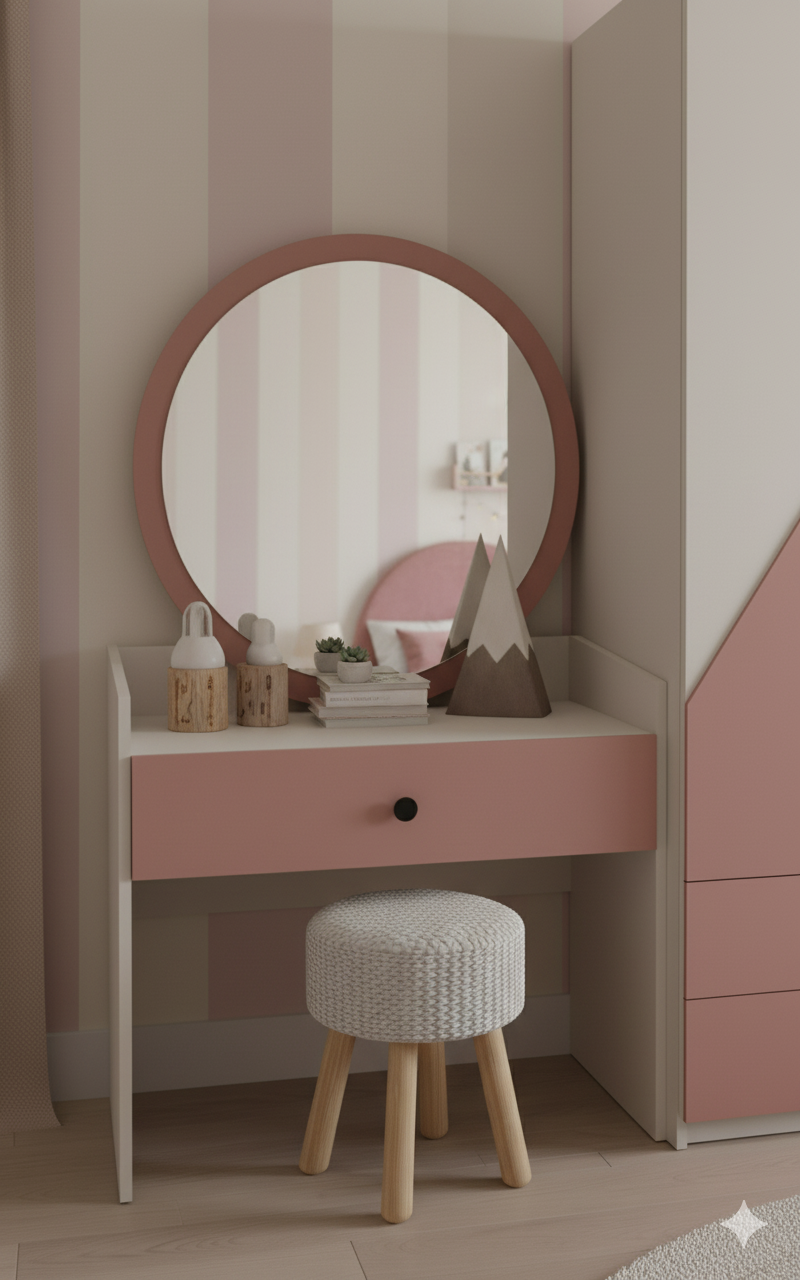 Pink Caia Modern Storage Dresser with round mirror and stool. 