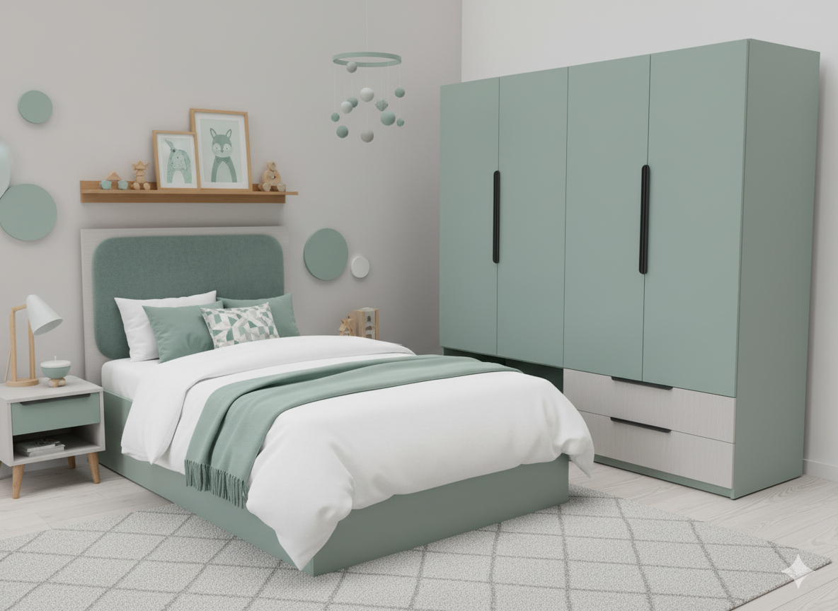Miami kids' bedroom set with bed, wardrobe, and nightstands

