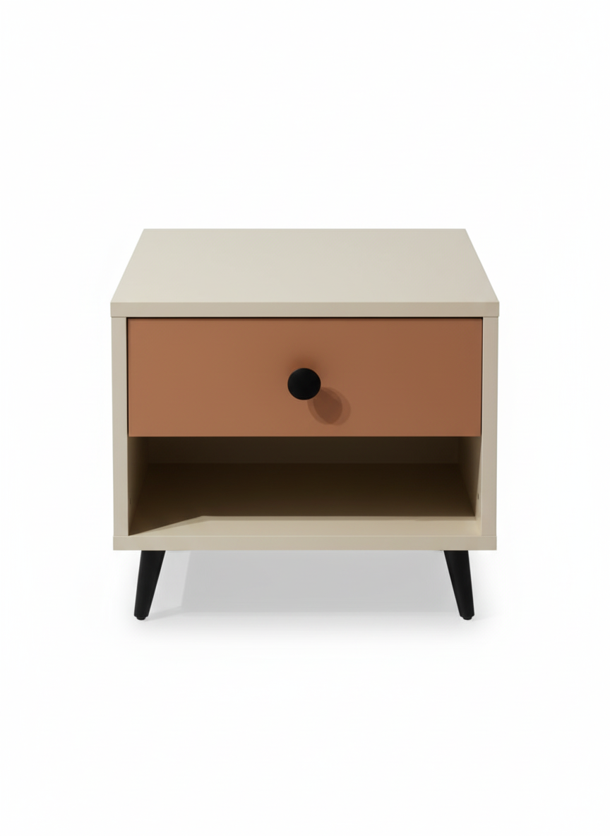 Small side table with a drawer in beige and brown 

