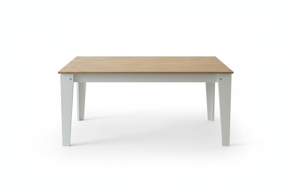 Whity White Table with wooden top and white base 

