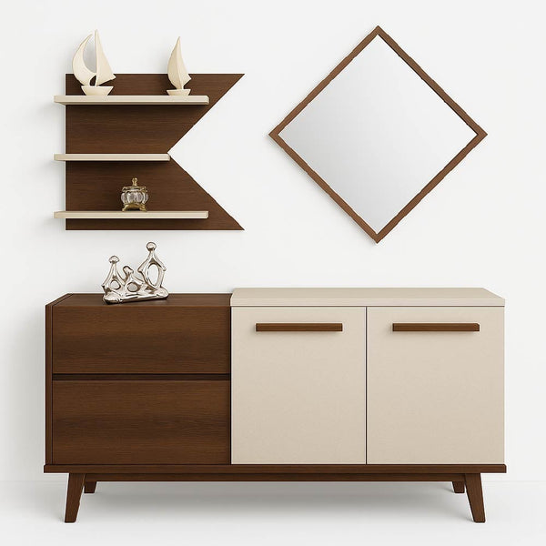 Wooden Venicia Modern Buffet Table with decorative items and a mirror 
