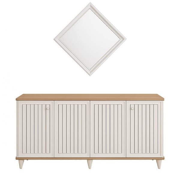 Whity White Storage Buffet Table with wooden top and mirror 